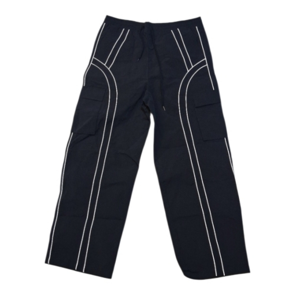 Boohoo MAN Elasticated Waist Relaxed  Nylon Cargo Piped Black Trousers Size XL